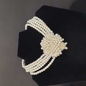 Vintage Feux Pearl Strand Flower and AB Choker Necklace